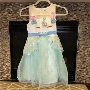 Charming Unicorn Floral Kids Dress - Blue and White